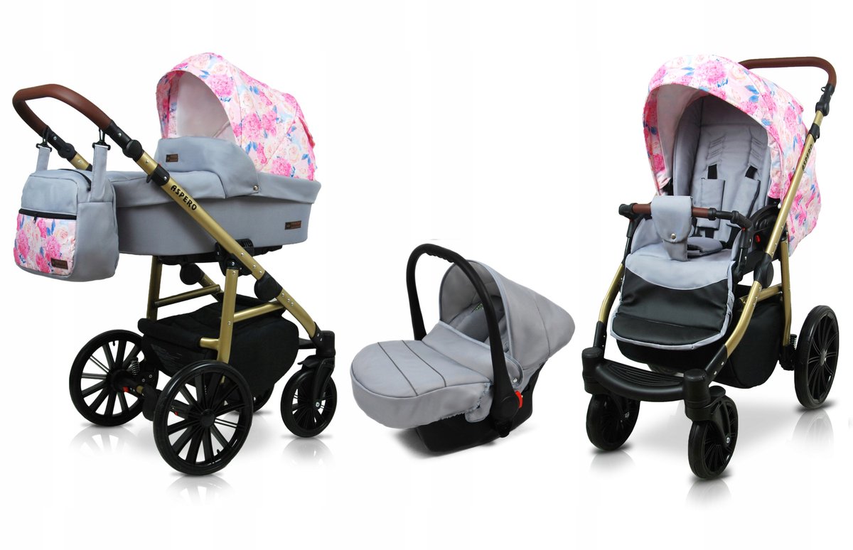 BabyLux® Kinderwagen 3in1 – ASPERO - PEONY AND ROSE - Opklapbare Wandelwagen incl. Reiswieg, Multifunctionele Buggy Sportstoel, Autostoel - Combi-kinderwagen met Luiertas, Regenhoes, Klamboe, Bekerhouder, etc.