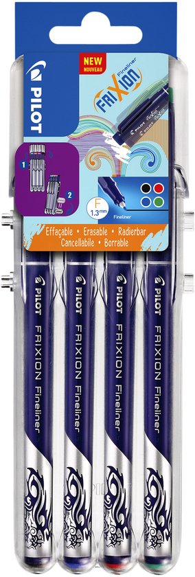Verpakking met 4 Pilot Frixion fineliners. De pennen hebben een blauw/zilveren patroon en zijn afgewerkt met een zilveren dop.