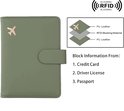 Lichtgroene paspoorthouder met vliegtuiglogo. Laagopbouw toont PU leer met RFID-blokkering.