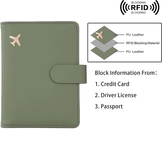 Lichtgroene paspoorthouder met vliegtuiglogo. Laagopbouw toont PU leer met RFID-blokkering.