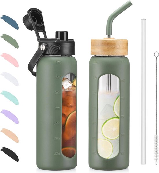 BLUEGO Glazen waterfles van 900 ml met rietje en 2 deksels, koffiebeker van glas met tijdmarkering en siliconen bescherming, glazen beker voor dranken, frisdrank, cola, BPA-vrij, Oliver