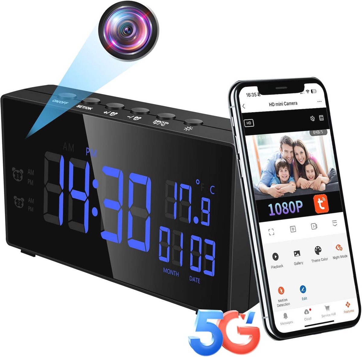 Verborgen WiFi Camera met Wekker - Mini Draadloze Spion Camera met Bewegingsdetectie en Nachtzicht - 1080P HD