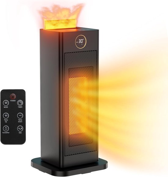 Elektrische Kachel - Keramische Ventilatorkachel - Kleine Verwarming - 2000W - met Bevochtigingsfunctie - Sfeerlicht - Verwarmt Snel - Stil - 12 uur Timer - 3 Modi - Kantelbeveiliging - Afstandsbediening - voor Kamers - Thuis - Garage - Zwart