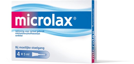 Microlax doos met 4 klysma's van 5 ml voor rectaal gebruik bij moeilijke stoelgang.