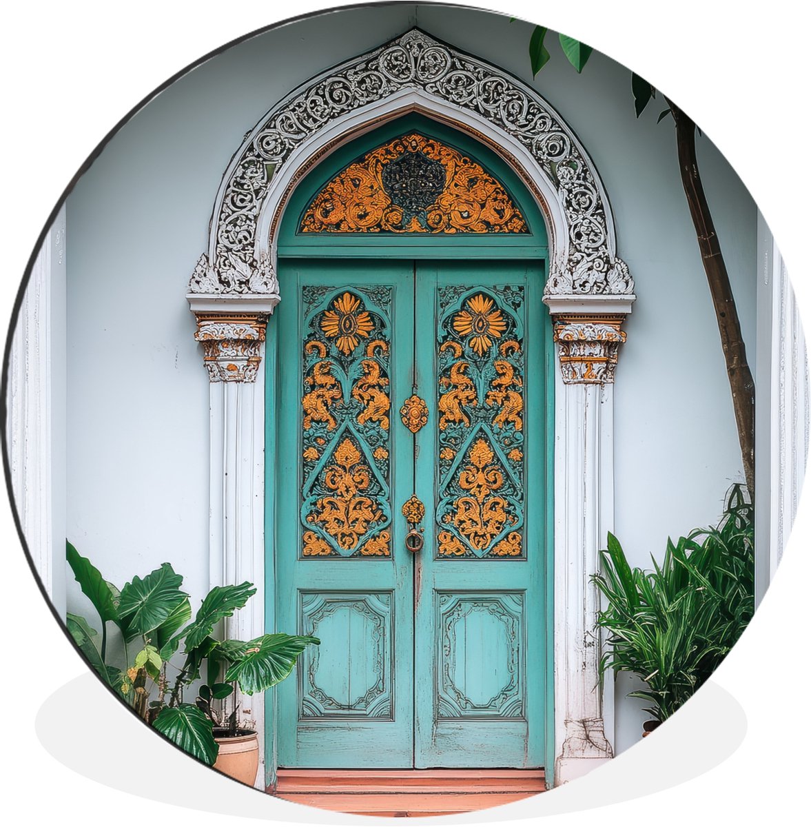 WallCircle Wandcirkel - Muurcirkel - Deur - Patronen - Planten - Aluminium - Dibond - 120x120 cm - Binnen en Buiten Deur - Tropisch