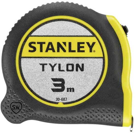 Grijze en gele Stanley Tylon rolbandmaat 3m op witte achtergrond.
