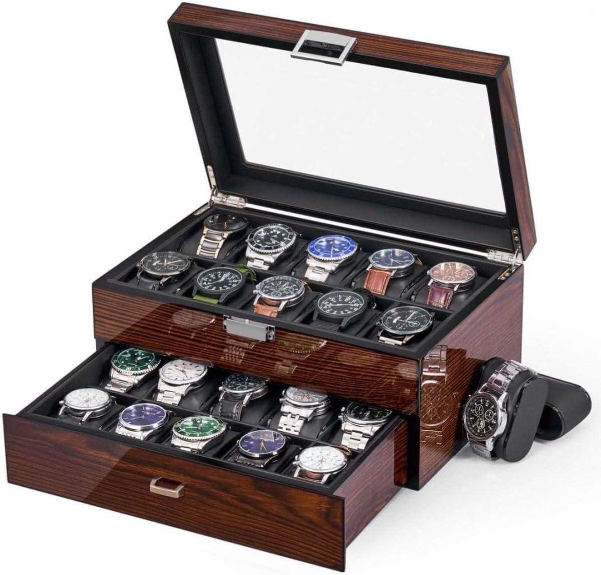 20-Slots Horloge Case voor Mannen - Luxe Horloge Organizer met Glazen Bovenkant en Glad Kunstleer Interieur Bruin SSH04Y