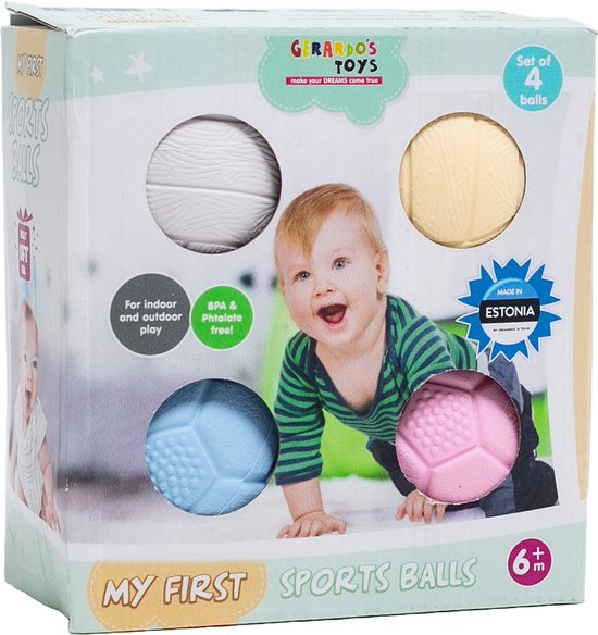 Verpakking met 4 'My First Sports Balls' van Gerardo's Toys: wit, geel, blauw en roze, met babyafbeelding.