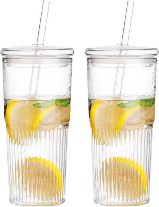 Glazen Drinkbekers Met Deksel En Rietje Set Van 2 600 Ml Perfect glazen-drinkbekers-met-deksel-en-rietje-set-van-2-600-ml-perfect