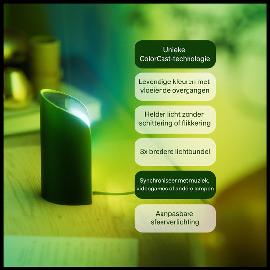 Une lampe Philips Hue vert foncé avec du texte sur la technologie ColorCast, les couleurs vives et la synchronisation.