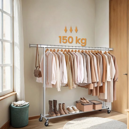 Kledingrek Op Wielen, Robuust Multifunctioneel Kledingrek Professionele Kapstok Met 2 Stangen 80 5x51x155cm