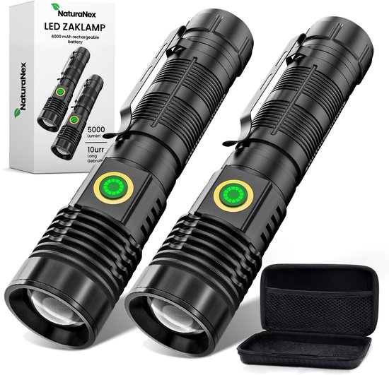 NaturaNex - Zaklamp LED Oplaadbaar - Set van 2 - Magnetisch - 5000 Lumen – USB-C Oplaadbaar – Zoomfunctie – Waterdicht – Met Batterij & USB Kabel - Zaklamp Militaire
