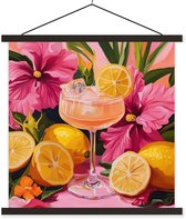 Posterhanger incl. Poster 60x60 cm - Schoolplaat - Drink - Bloemen - Yellow - Textielposter - Zwarte latten