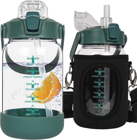 BLUEGO 700ml glazen waterfles met handgreep en rietje, drinkfles voor hydratie met siliconen hoes en tijdmarkering, motiverende waterfles voor sportschool, sporten, buiten, lekvrij, zwart