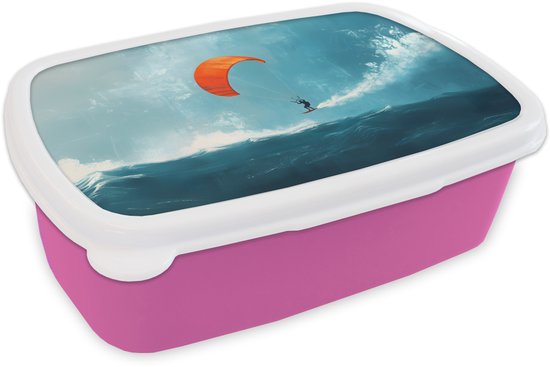 Broodtrommel Roze - Lunchbox Kitesurfer - Oranje - Zee - Lucht - Brooddoos 18x12x6 cm - Brood lunch box - Broodtrommels voor kinderen en volwassenen