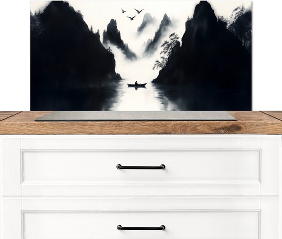 Spatscherm keuken 80x40 cm - Kookplaat achterwand Roeiboot - Mistig - Bergen - Vogels - Muurbeschermer - Spatwand fornuis - Hoogwaardig aluminium