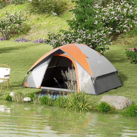 Koepeltent - Familietent 2 persoons - Lichtgewicht, stabiele, waterdichte - Met deur en raam - Grijs en roestrood — afbeelding 4