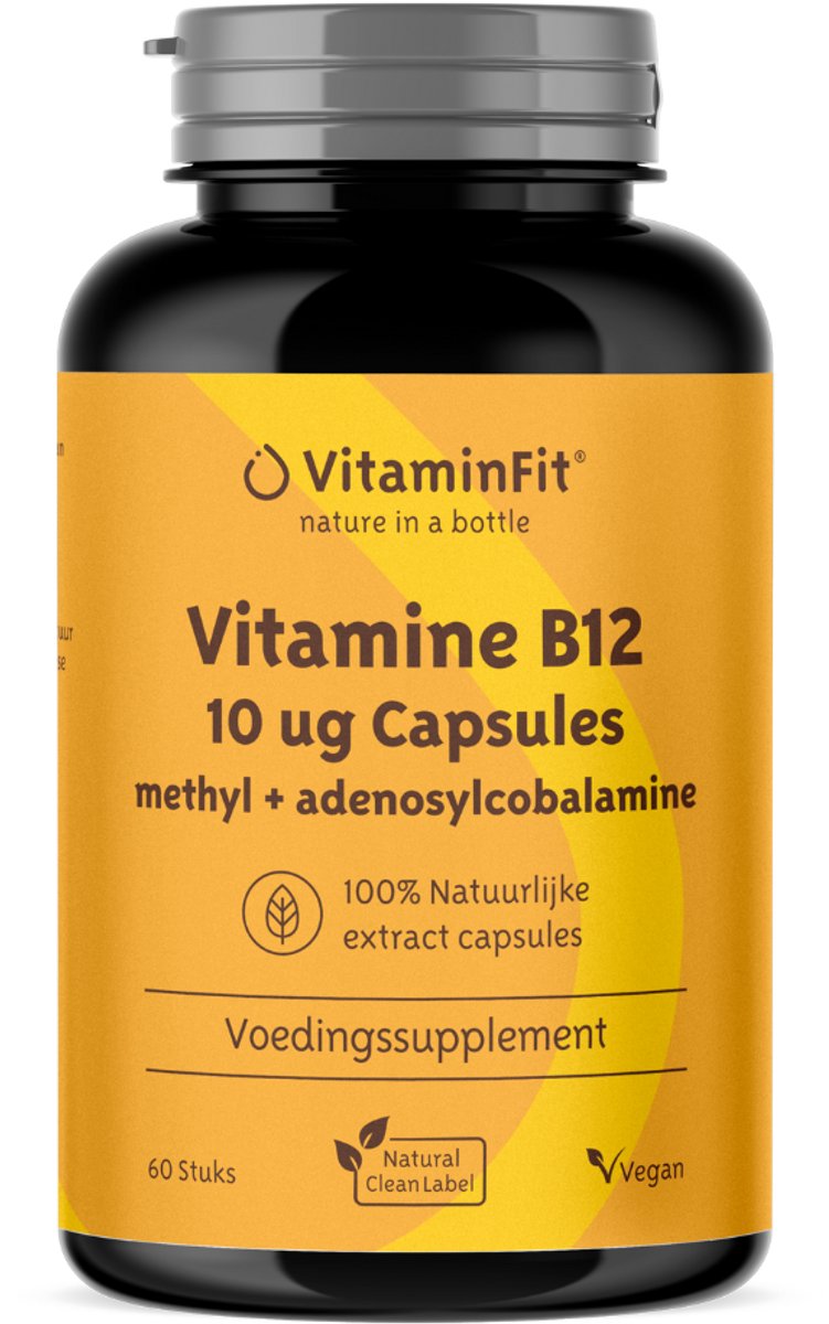 Goedkoopste VitaminFit Vitamine B12 Capsules - 10 ug/mcg- 100 Natuurlijk & Plantaardig - 60 stuks - Biologisch actieve Methylcobalamine en Adenosylcobalamine
