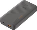 Grijze Xtorm powerbank met golvend patroon, 20W 20.000 specificaties, USB-A en USB-C poort.
