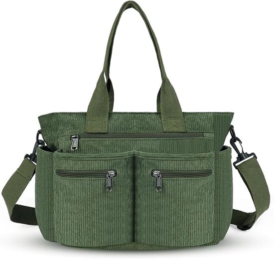 Sac à bandoulière en velours côtelé Famanu, grande capacité, élégant, multi-poches, bandoulière réglable et amovible, pour femme, homme, école, shopping, travail, vert