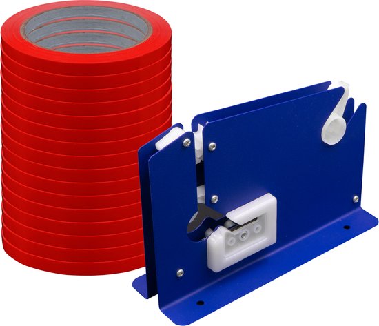 Blauwe zakkensluiter naast een stapel van 16 rollen rode pvc tape.