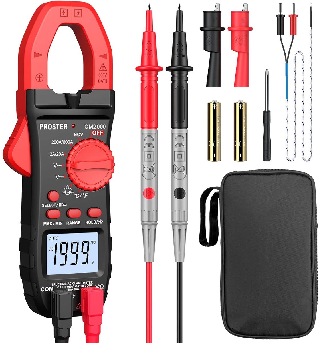 600A Digitale Stroomtang Multimeter - Professionele TRMS AC/DC Meting - Voor Temperatuur, Weerstand, Continuïteit en Diode Test