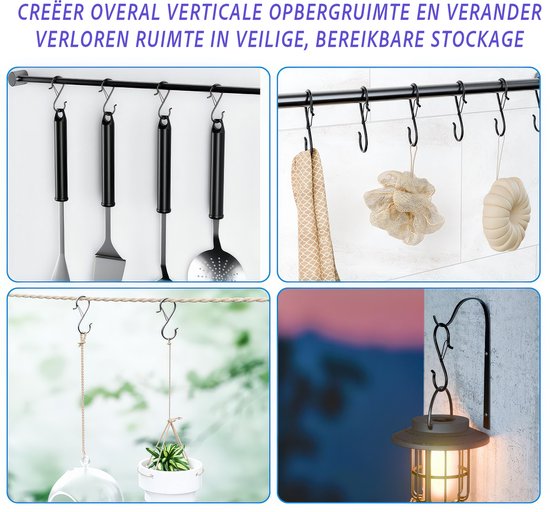 Collage van zwarte S-haken die keukengerei, een loofah, een plant en een lantaarn ophangen.