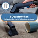Drie opzetstukken voor de vlekkenreiniger: een vlekkenborstel, een bekledingsmondstuk en een smalle mondstuk.
