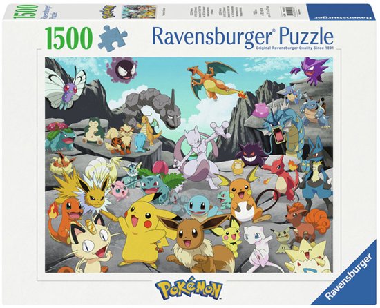 Ravensburger 1500-stuk puzzel met Pokémon Classics-afbeelding, inclusief Pikachu, Charizard en Mewtwo.