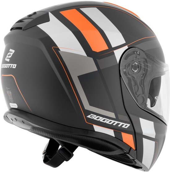 Casque modulable noir avec rayures orange, blanches et grises et motifs graphiques. Logos Bogotto.