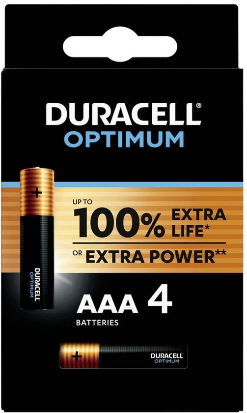 Duracell Optimum AAA-batterijen (4 stuks). Zwarte batterijen met gouden banden. 'Tot 100% extra levensduur of extra kracht'.