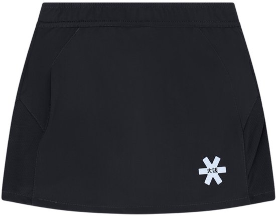 Jupe de sport noire avec ceinture élastique, texte blanc 'OSAKA TRAINING' sur le devant et panneaux en mesh.