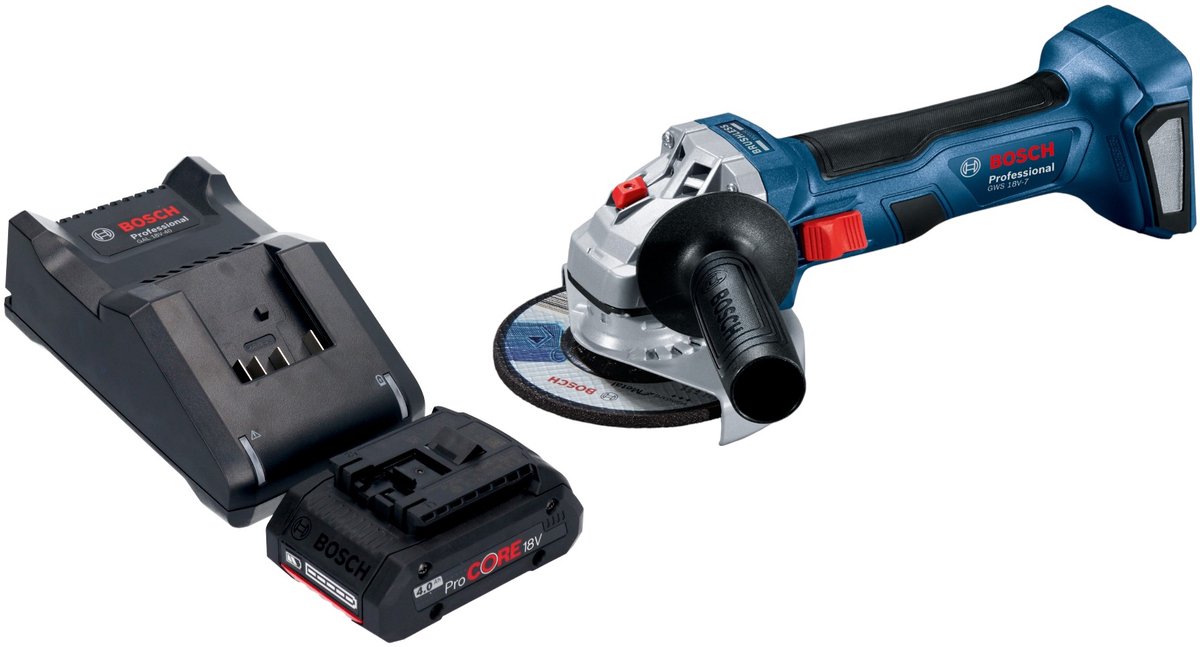 Bosch GWS 18V-7 Professionele accu haakse slijper 18 V 115 mm borstelloos + 1x ProCORE accu 4.0 Ah + lader