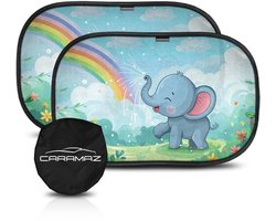 CARAMAZ Zonnescherm Auto Baby & Kinderen Dieren | 2 stuks - 51x31cm | Met Gecertificeerde UV-bescherming | Opti-Dark | Zonnescherm Auto Zijruit met Zuignap | Zonnescherm Zijruit Auto | Zonnescherm Kinderen Autoraam | Verduistering