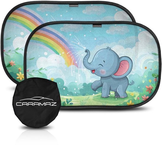 CARAMAZ Zonnescherm Auto Baby & Kinderen Dieren | 2 stuks - 51x31cm | Met Gecertificeerde UV-bescherming | Opti-Dark | Zonnescherm Auto Zijruit met Zuignap | Zonnescherm Zijruit Auto | Zonnescherm Kinderen Autoraam | Verduistering