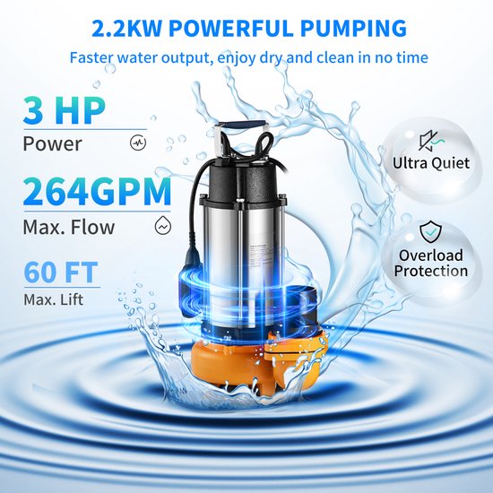 Onderwaterpomp, 2200W 60000L/H, 10m Kabel, Automatische Vlotterschakelaar, RVS, voor Vuil/Schone Wateren, Afwatering van Overstromingen, Tuinvijvers, Zwembaden, Jacuzzi's van VONROC — afbeelding 4