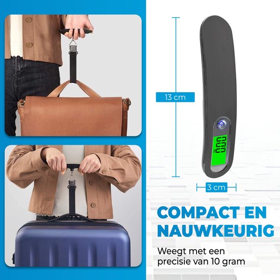 Handen wegen een bruine tas en een blauwe koffer met een zwarte digitale weegschaal. Afmetingen 13x3 cm.
