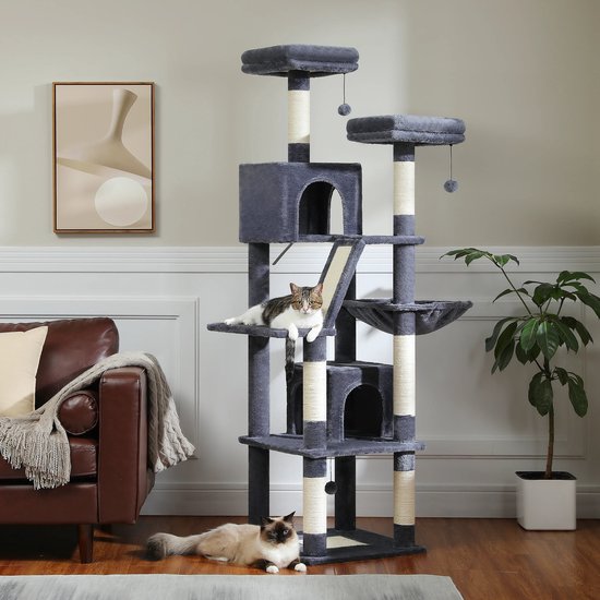 Foto: Kattenboom krabpaal hoog kattenmeubel extra grote hangmat 180cm met natuurlijke sisal krabpalen 2 kattenhuisjes meerdere verdiepingen arbre a chat voor grote binnenkatten beige