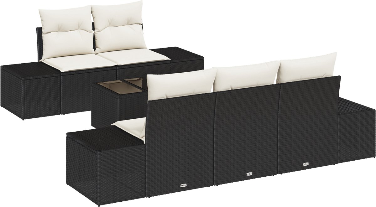 vidaXL - Tuinbank - Set - met - kussen - 6 - pcs - Zwart - en - Crème - poly - rattan