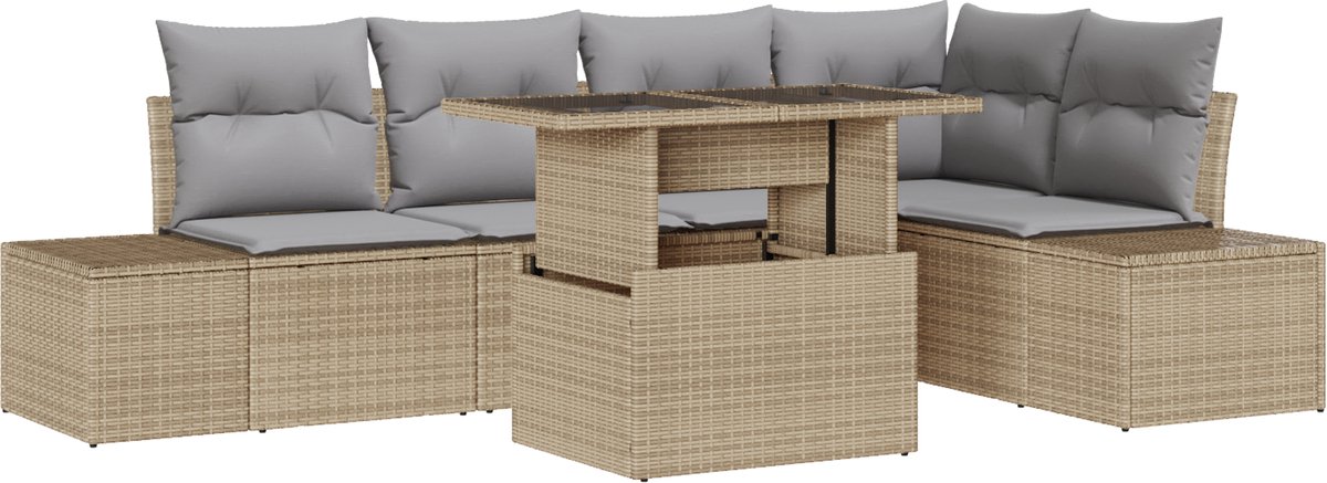 vidaXL - Tuinbank - Set - met - kussen - 6 - pcs - Beige - Poly - rattan