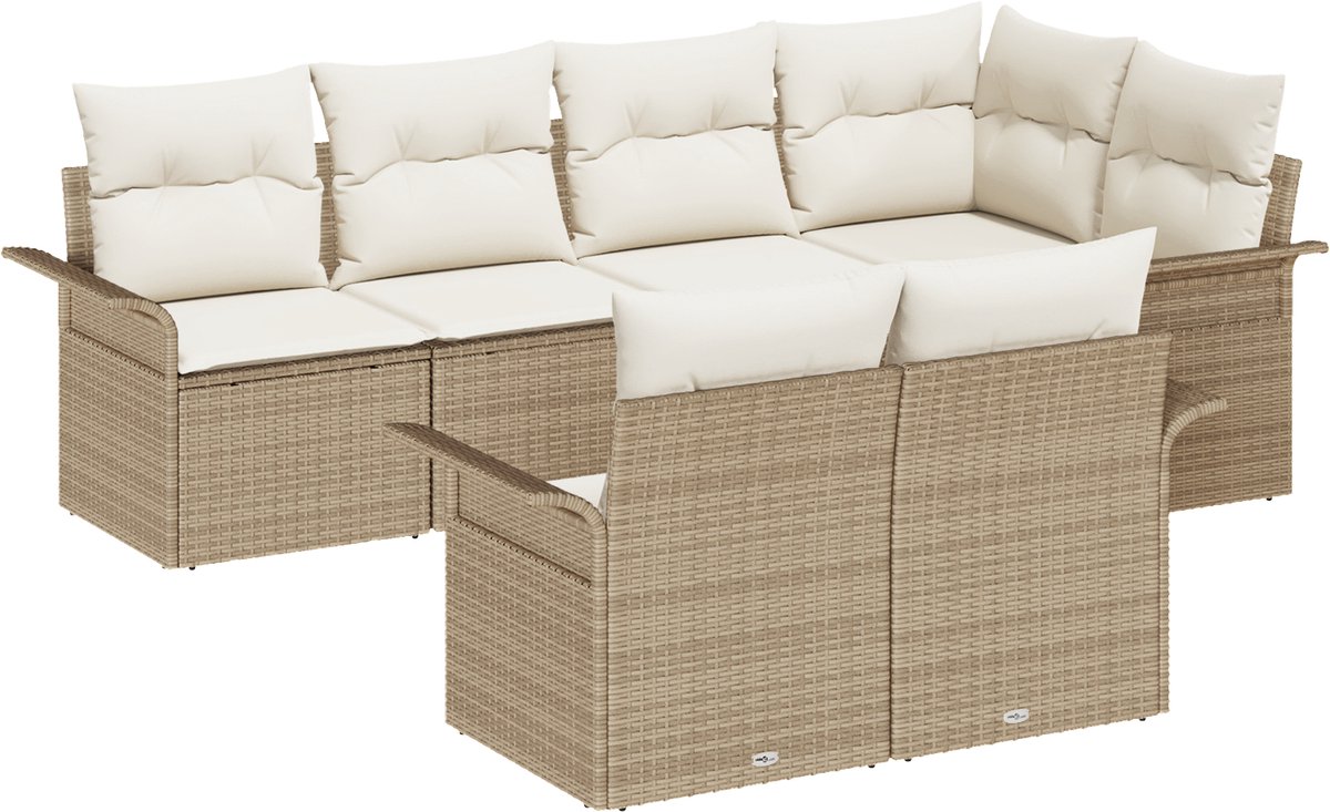 vidaXL - Tuinbank - Set - met - kussen - 7 - pcs - Beige - poly - rattan