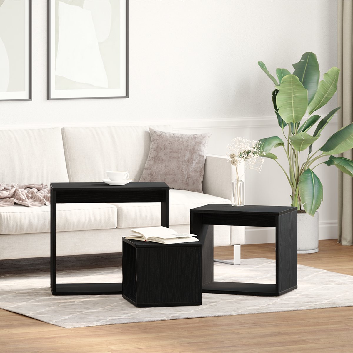 vidaXL Nesttafel - 3 - st - Zwart - Eiken - 55 - x - 30 - x - 50 - cm - Bewerkt - hout Zwart eiken