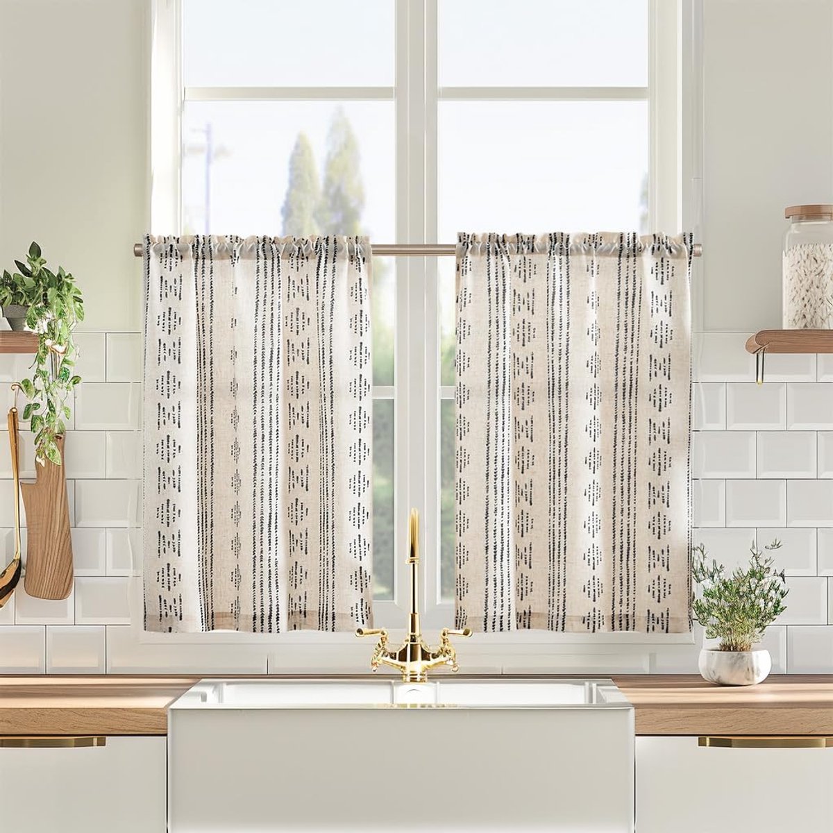 Ibenzoa Duurzame Gordijnset: Geometrisch Gestreept Linnen Effect, 2 Stuks, 65x60cm, Zwart op Beige