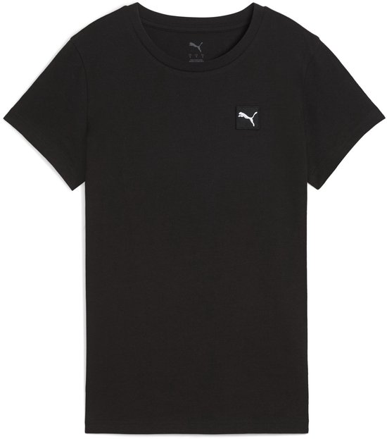 Zwart Puma dames T-shirt met korte mouwen, ronde hals en Puma-logo op de linkerborst.