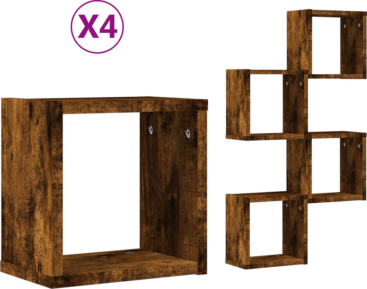 vidaXL Wandplanken - 4 - st - Rook - Eiken - 26 - x - 15 - x - 26 - cm - Bewerkt - hout Gerookt eiken