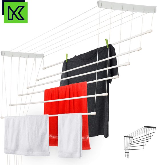 Séchoir à linge KADAX, séchoir à linge mural à 6 colonnes avec barres en acier revêtues de polyéthylène, capacité de charge 12 kg (6 x 140/blanc)