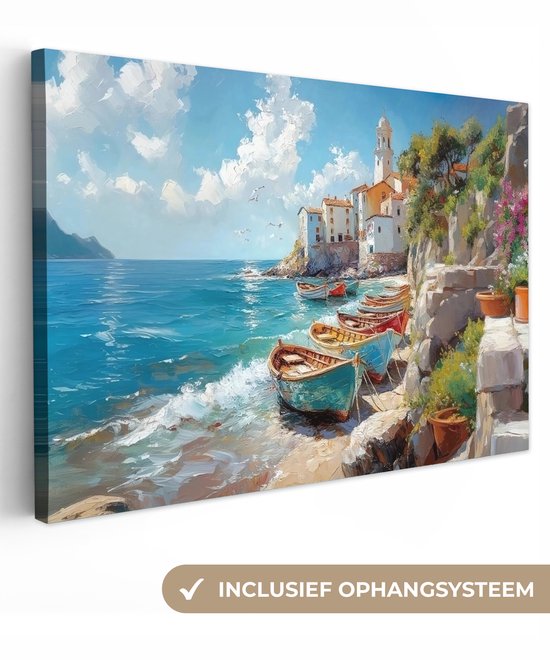 Canvas schilderij 30x20 cm - Exclusieve wanddecoratie Boten - Rotsen - Zee - Zon - Muurdecoratie woonkamer - Slaapkamer decoratie - Kamer accessoires - Schilderijen op canvas