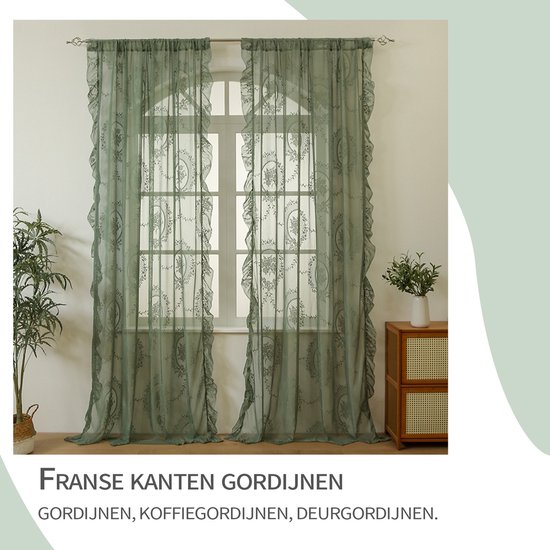 REFTTENW Set de 2 Rideaux Boho brodés en dentelle avec Rideaux Rebords, Rideaux transparents pour Cuisine, salon, couloir, style maison de campagne, vert sauge