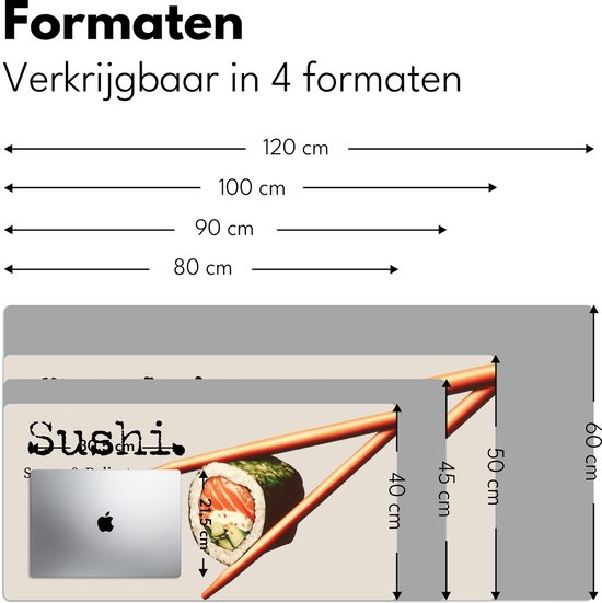 Bureau onderlegger 90x45 cm - Muismat Sushi - Zalm - Rijst - Japans - Bureaumat - Mousepad XXL - Bureau mat - Muismatten groot - Desk organizer - Bureaulegger