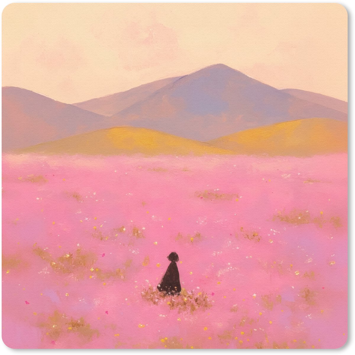 Muismat 30x30 cm - Mousepad Bloemenweide - Heuvels - Silhouet - Roze - Muismatten